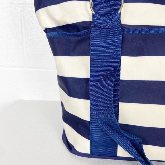 Initials Inc Beach Bag Tote Navy Blue Ivory White Stripe Mesh Bottom Pockets A - Picture 13 of 15